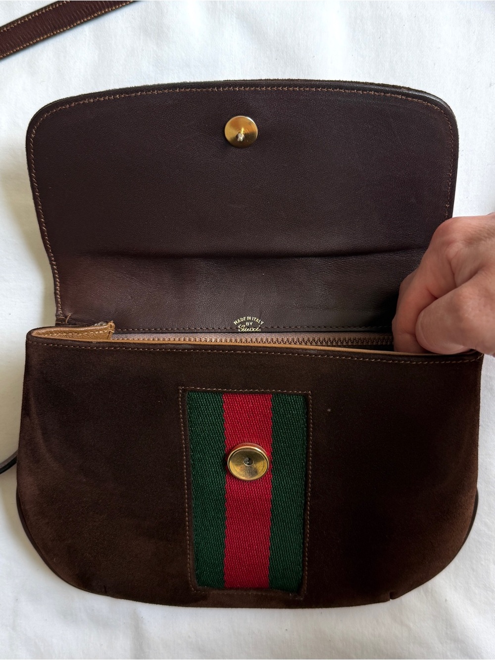 Vintage 1970s Gucci Rare Brown Suede Web Stripe Bag Quiet Luxury Crossbody - Picture 12 of 15